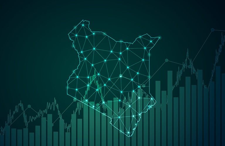 Illustration of Kenya mapped as a connected network of glowing nodes rising over a business growth chart